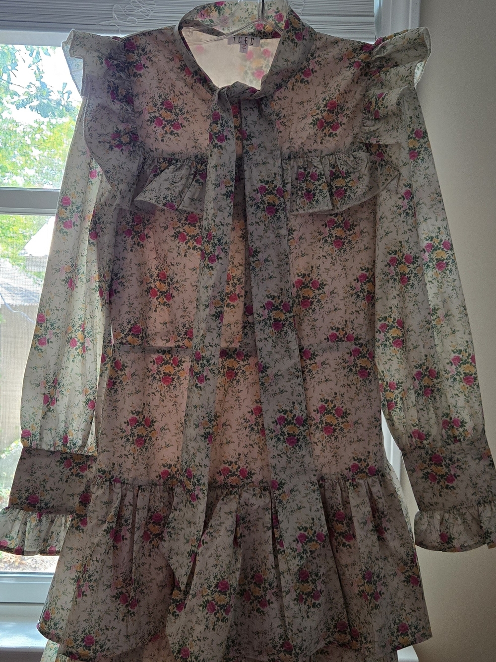 TCEC Floral Mini Dress in Light Cream with Pink and Green Accents Size L